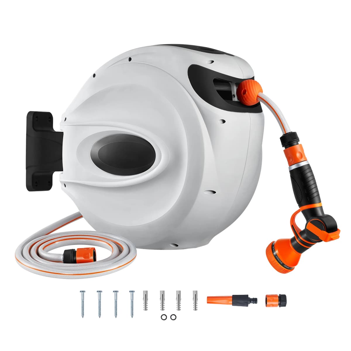 SucceBuy Retractable Hose Reel 82 feet x 1/2 inch 180° Swivel Bracket Wall-Mounted Garden Water Hose Reel with 9-Pattern Nozzle