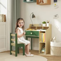 AIYAPLAY Kids Desk and Chair Set with Storage Shelves, Drawer, Kids Table and Chair Set for 3-10 Years, Green