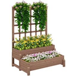 2-Tier Wooden Raised Flower Bed with Trellis and Drainage Holes, Brown