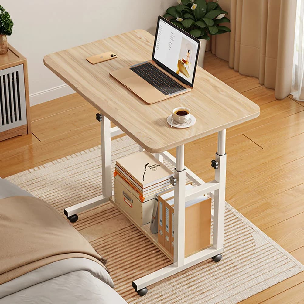 Voltsify Mobile Over Height Adjustable Mobile Table Overbed Desk with Shelves Wheels Laptop Tray Stand