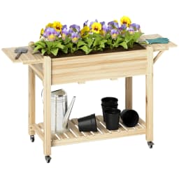 Wooden Raised Bed Planter with Lockable Wheels, Side Tables, Liner, Natural