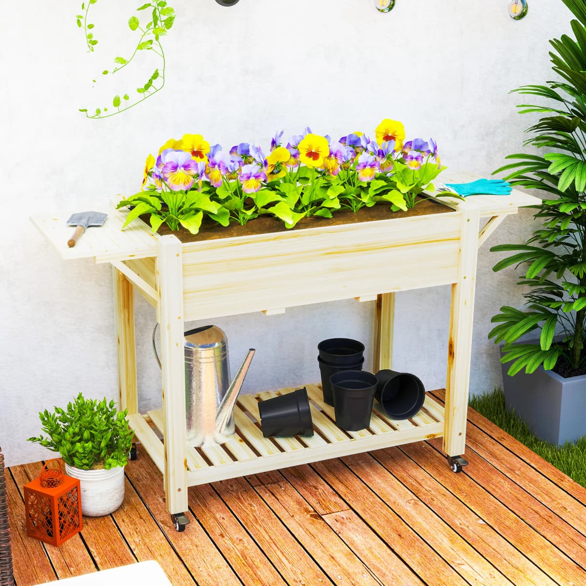 Wooden Raised Bed Planter with Lockable Wheels, Side Tables, Liner, Natural