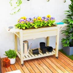 Wooden Raised Bed Planter with Lockable Wheels, Side Tables, Liner, Natural
