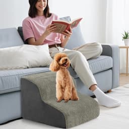 GOFLAME High-Density Foam Dog Ramp 2-Tier Pet Stairs w/Washable Cover-Grey
