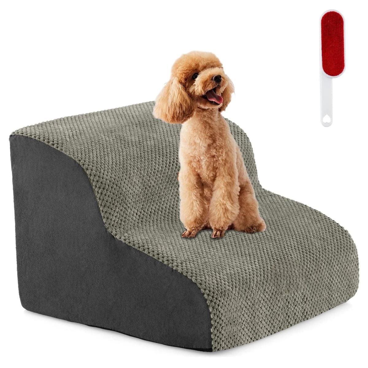 GOFLAME High-Density Foam Dog Ramp 2-Tier Pet Stairs w/Washable Cover-Grey