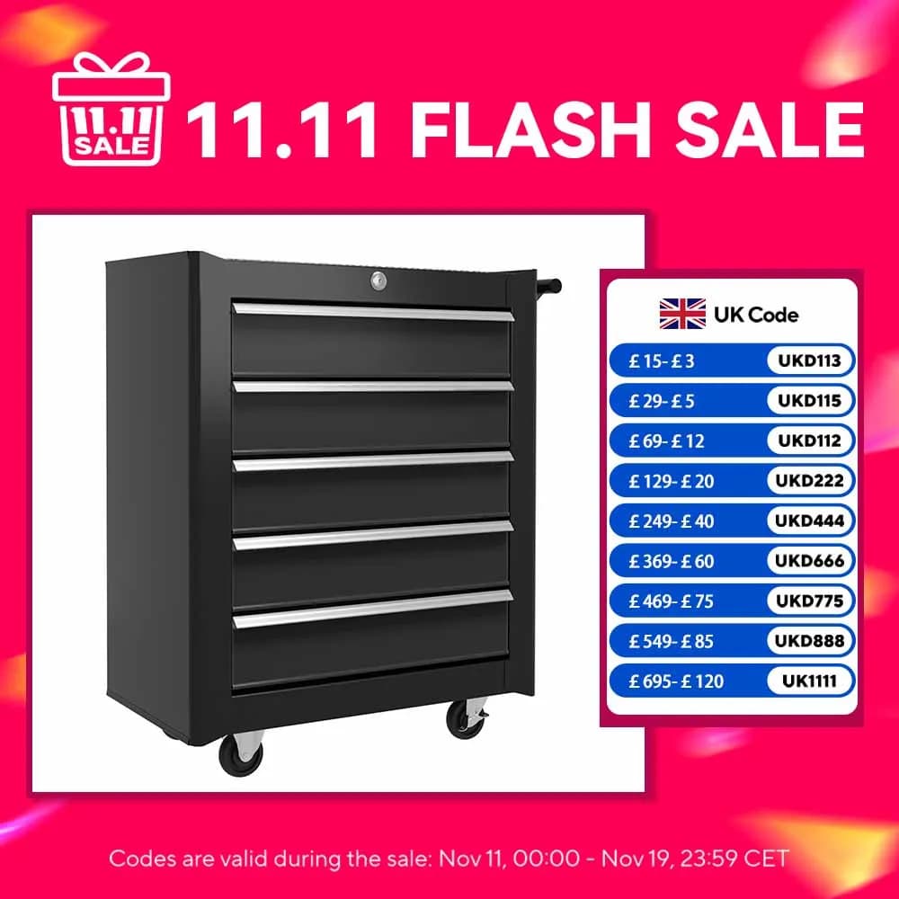 HOMCOM 5-Drawer Tool Chest Steel Lockable Tool Storage Cabinet w/ Wheels Black