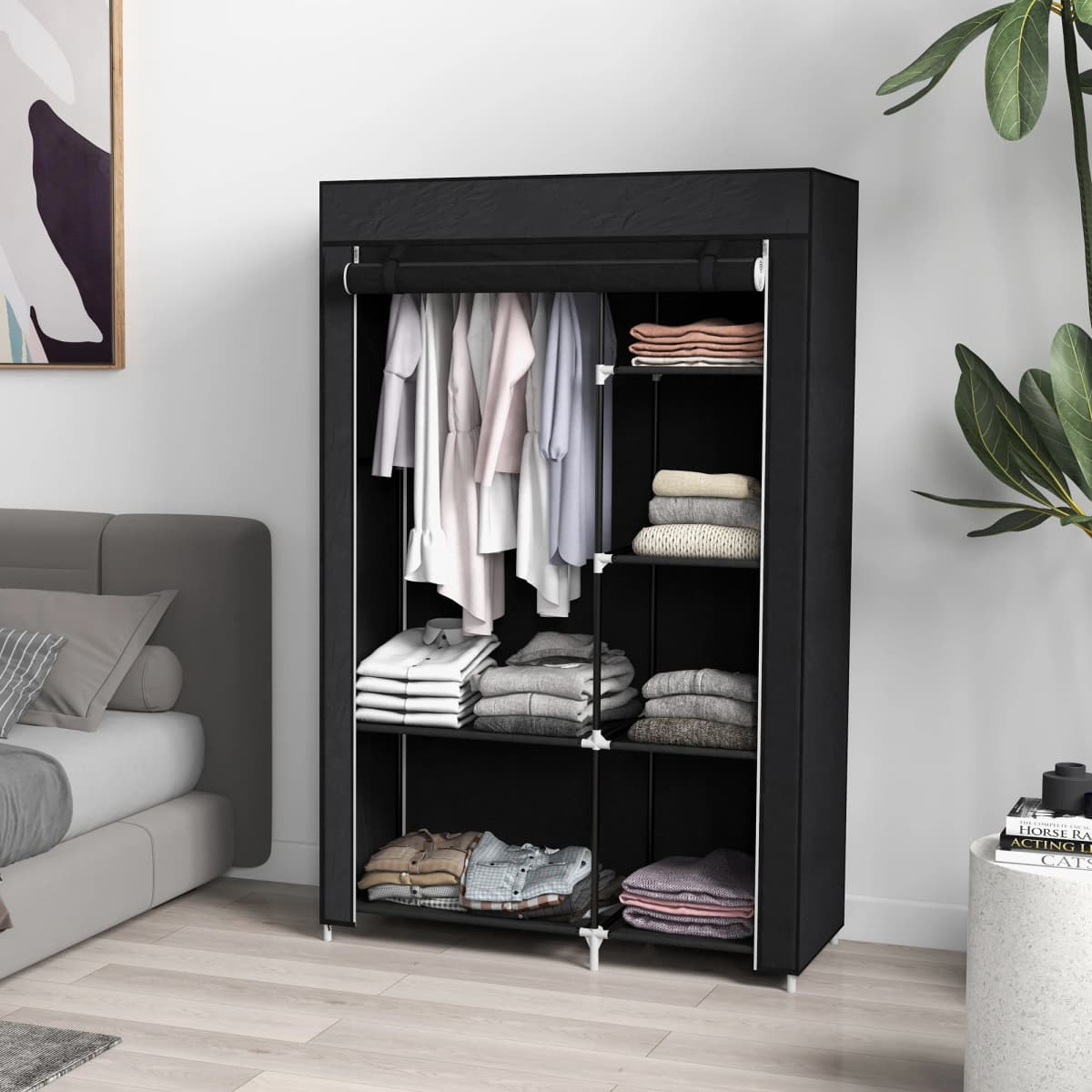 HOMCOM Fabric Wardrobe w/ Shelves Hanging Rail Foldable Closets