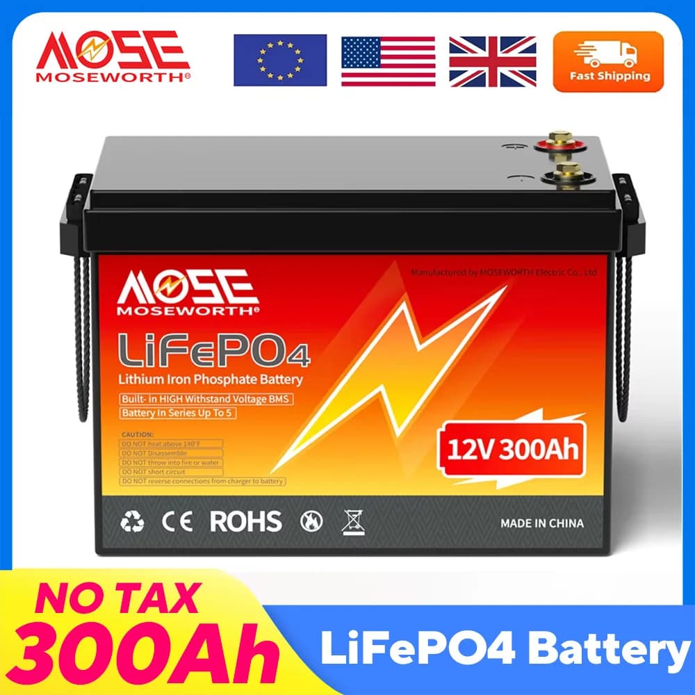 MOSEWORTH 12V 300Ah LiFePO4 Battery Pack with 200A BMS Lithium Iron Phosphate Batteries 8000+ Cycles For Solar RV Campers