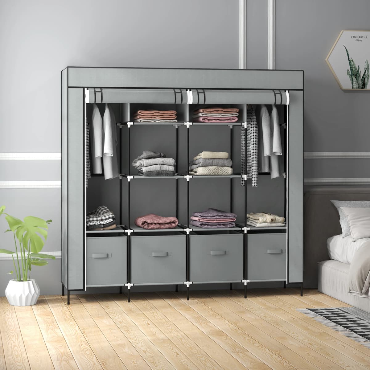 HOMCOM Fabric Wardrobe w/ 12 Shelves 2 Hanging Rails Foldable Closets