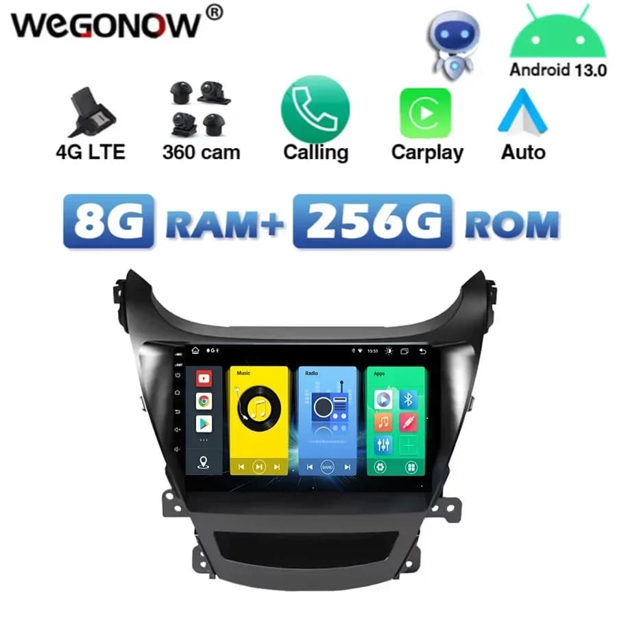 4G SIM DSP IPS Carplay Auto Android 13.0 8G+256G Car DVD Player GPS MAP RDS Radio Wifi Bluetooth For Hyundai Elantra 2014 2015