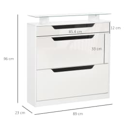 HOMCOM Shoe Cabinet w/ 3 Drawers, High Gloss Front Panels w/ Glass Top White