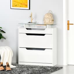 HOMCOM Shoe Cabinet w/ 3 Drawers, High Gloss Front Panels w/ Glass Top White