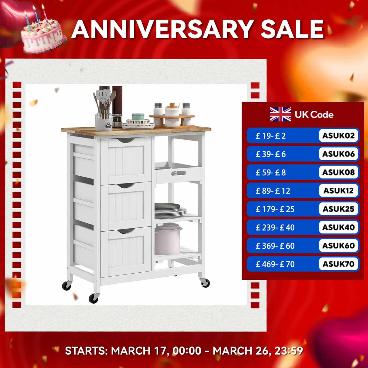 HOMCOM Rolling Kitchen Island Cart, Bar Serving Cart, Compact Trolley White