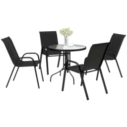 Outsunny 5 Pieces Garden Table and Chairs, 4 Seater Garden Furniture Set with High Back Stackable Chairs and Glass Top Table