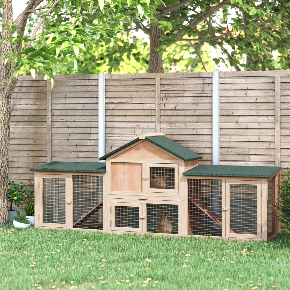 PawHut Rabbit Hutch Bunny Cage Guinea Pig House w/ Tray Ladder Outdoor Run