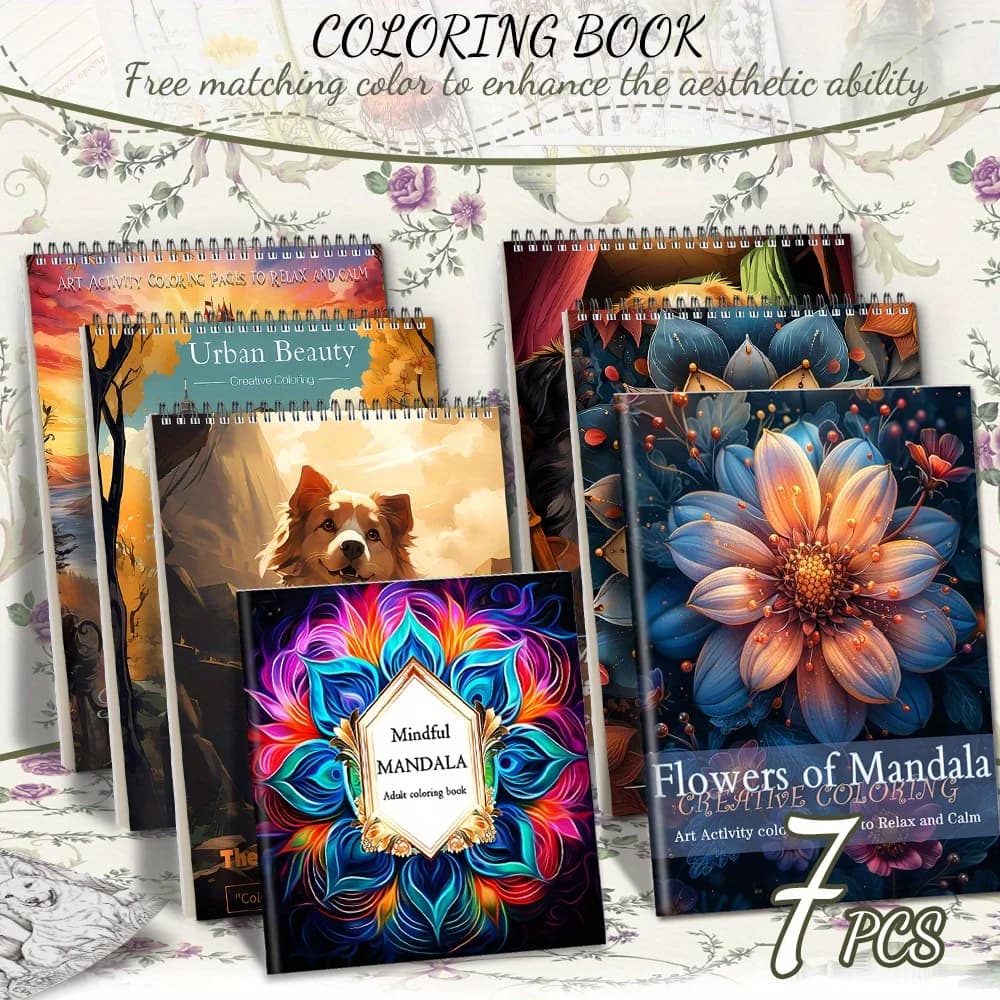 7pcs new Mandala, dog and cat diary as the theme of coloring book, with riding nails and YO ring two design styles, upgraded thi