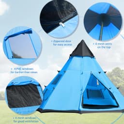 Outsunny 6 Men Tipi Tent, Camping Tent, Teepee Family Tent with Mesh Windows, Sewn-in Tent Floor, Two Doors and Carry Bag