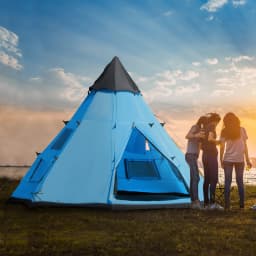 Outsunny 6 Men Tipi Tent, Camping Tent, Teepee Family Tent with Mesh Windows, Sewn-in Tent Floor, Two Doors and Carry Bag
