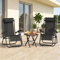 Outsunny 3pcs Folding Zero Gravity Chairs Sun Lounger Table Set w/ Cup Holders Reclining Garden Yard Pool, Black