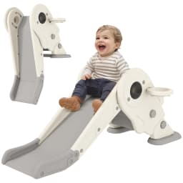 AIYAPLAY 3-in-1 Kids Slide with Basketball Hoop, Climber, Cream White