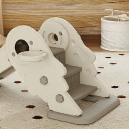AIYAPLAY 3-in-1 Kids Slide with Basketball Hoop, Climber, Cream White