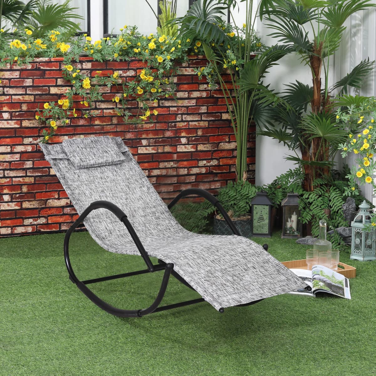 Outsunny Patio Texteline Rocking Lounge Chair, Zero Gravity Recliner Seat with Padded Pillow, Grey