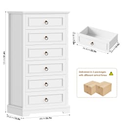 White dresser with 6 Drawers (131 cm high), wood grain wardrobe with bronze ring handles for bedroom