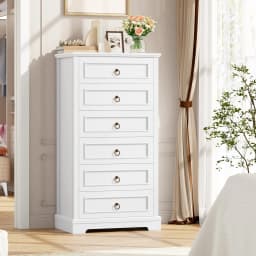 White dresser with 6 Drawers (131 cm high), wood grain wardrobe with bronze ring handles for bedroom