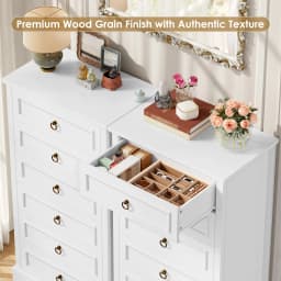 White dresser with 6 Drawers (131 cm high), wood grain wardrobe with bronze ring handles for bedroom