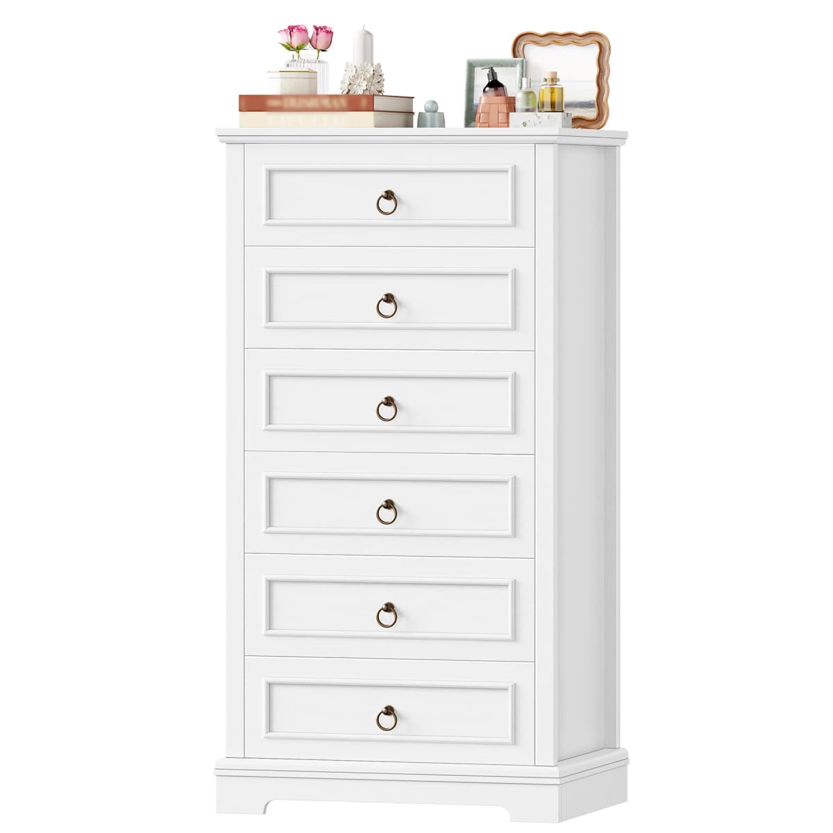 White dresser with 6 Drawers (131 cm high), wood grain wardrobe with bronze ring handles for bedroom