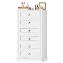 White dresser with 6 Drawers (131 cm high), wood grain wardrobe with bronze ring handles for bedroom