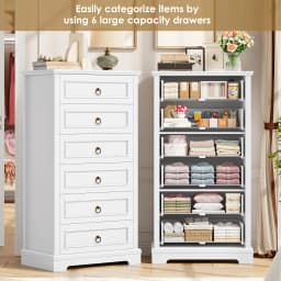 White dresser with 6 Drawers (131 cm high), wood grain wardrobe with bronze ring handles for bedroom