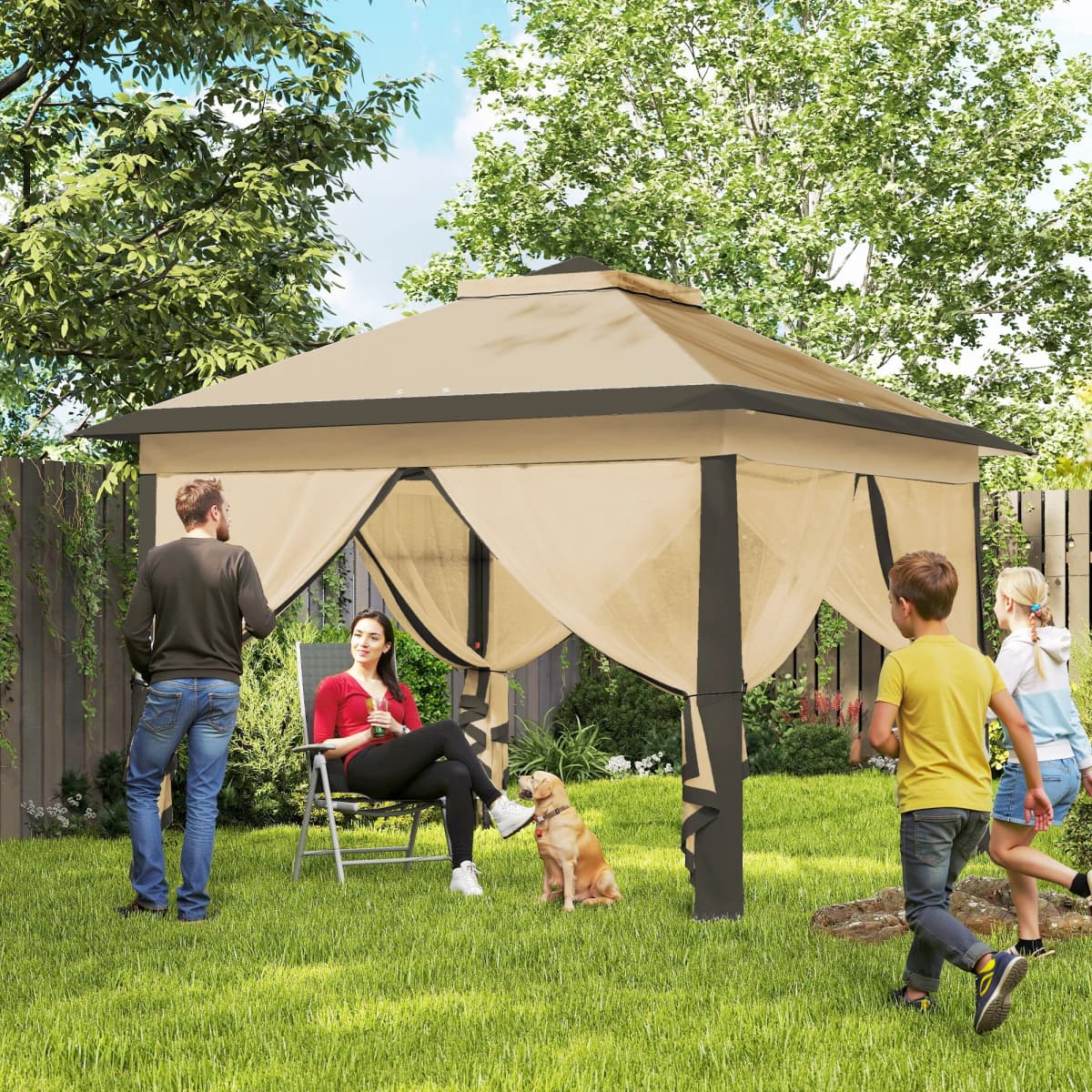 Outsunny 3.3 x 3.3m Pop Up Gazebo, Double Roof Foldable Canopy Tent with Zipped Mesh Sidewalls, Height and Carrying Bag, Beige