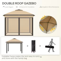 Outsunny 3.3 x 3.3m Pop Up Gazebo, Double Roof Foldable Canopy Tent with Zipped Mesh Sidewalls, Height and Carrying Bag, Beige
