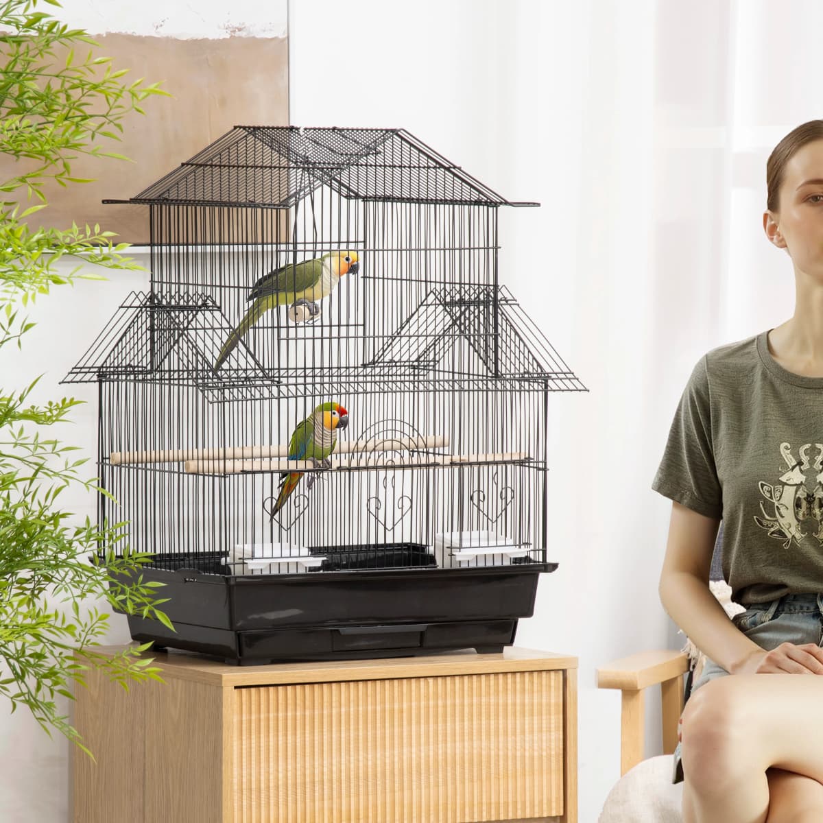 PawHut Metal Bird Cage Small w/ Perch Food Container Handle for Finch Canary