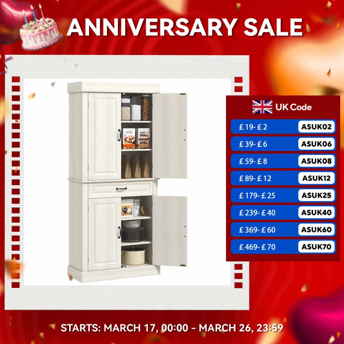 HOMCOM 180cm Kitchen Pantry Storage Cabinet Server Food Organizer, White