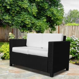 Outsunny 2 Seater Rattan Sofa with Soft Padded Cushion, All-Weather PE Wicker Weave Garden Loveseat with Armrests, Black