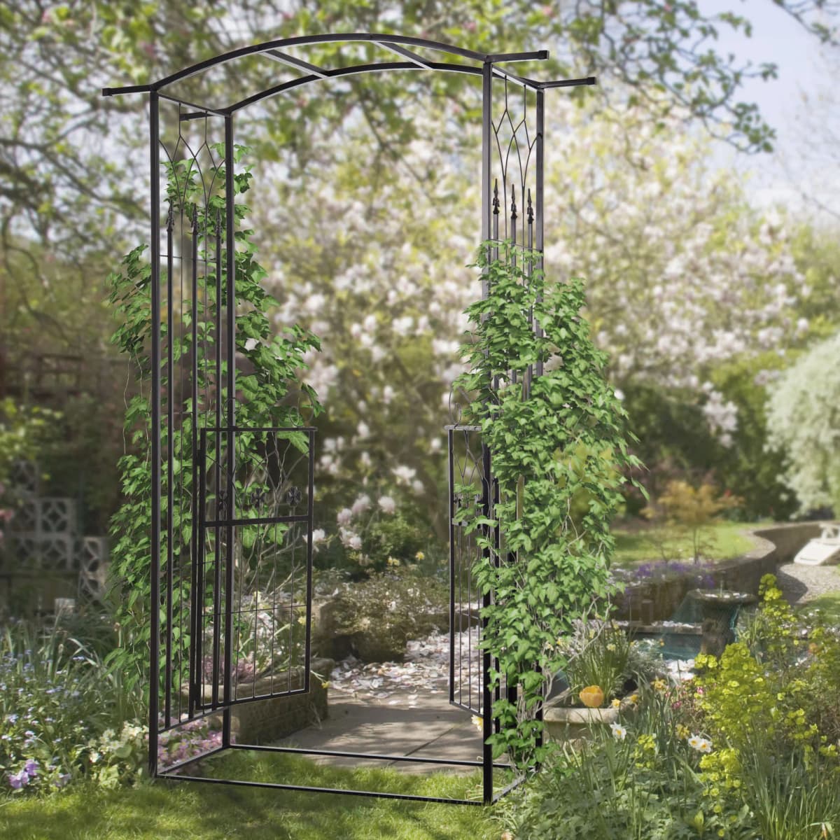 Outsunny Garden Outdoor Entrance Arch with Door Outdoor Patio Decoration for Rose Trellis Arbour Climbing Plant