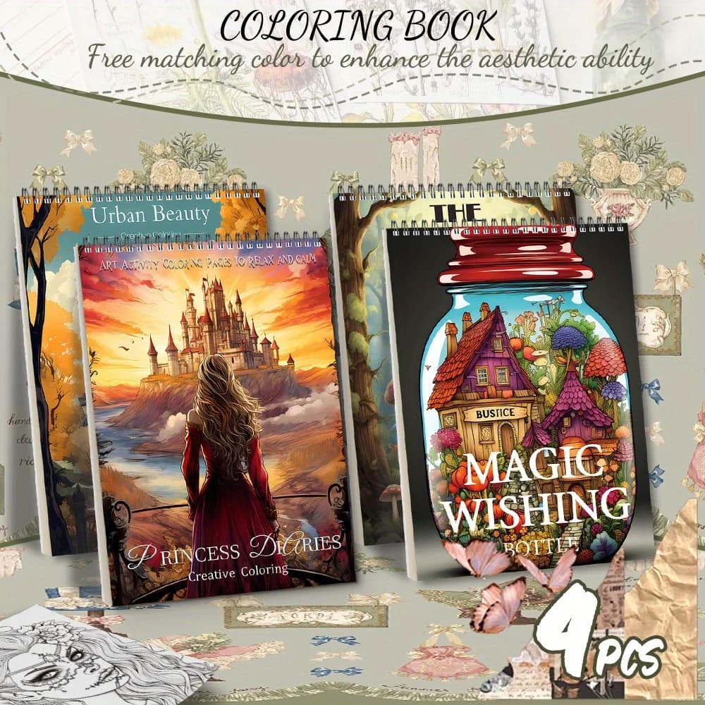 4pcs female characters and magic series of theme coloring books, upgrade and thicken strong durable, high flexibility.