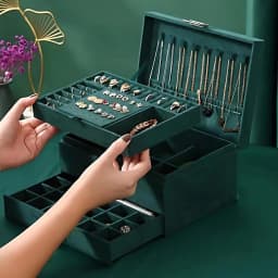 Green 3-Layers Jewelry Box, Large PU Leather Finish Storage Drawer Cabinet, Small Item Organizer Box For Jewelry, Ornaments