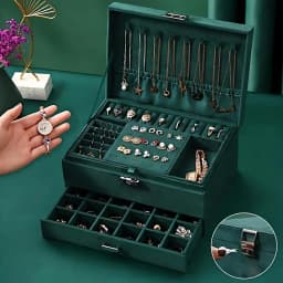 Green 3-Layers Jewelry Box, Large PU Leather Finish Storage Drawer Cabinet, Small Item Organizer Box For Jewelry, Ornaments