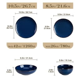 MALACASA LYDIA 16/32 Piece Blue Stoneware Plates Dinner Set Embossment Dinnerware with 6pcs Dinner Plate/Dessert/Soup/Bowl