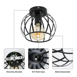 Black Hallway Ceiling Lights: Industrial Retro Cage Ceiling Lamp with Metal Lampshade, E27 Base