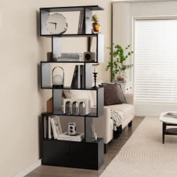 GOFLAME 5-tier Bookcase Industrial S-Shaped Bookshelf Storage Display Rack with Cabinet