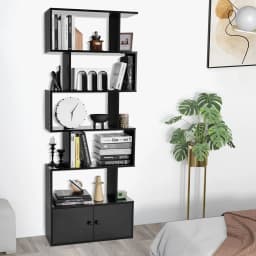 GOFLAME 5-tier Bookcase Industrial S-Shaped Bookshelf Storage Display Rack with Cabinet