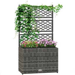 Outsunny 22L Garden PE Rattan Planter with Trellis, Free Standing Flower Raised Bed with Two Plant Boxes for Garden Planter
