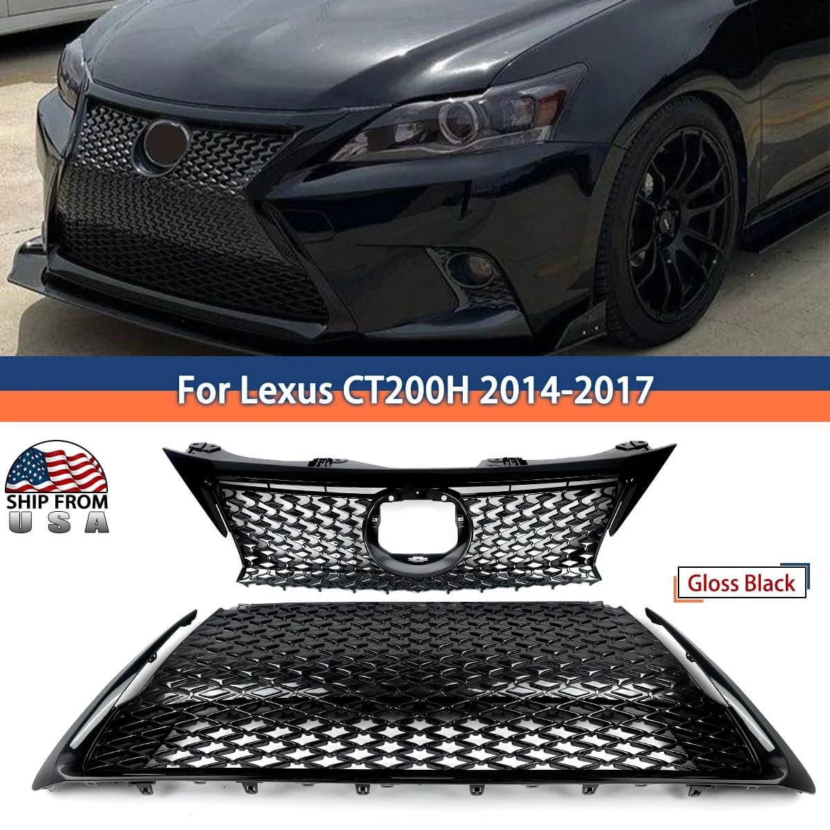 Glossy Black F-Sport Style Front Bumper Upper & Lower Grille For Lexus CT200h 2014-2017 Front Radiator Mesh Grills Magickit
