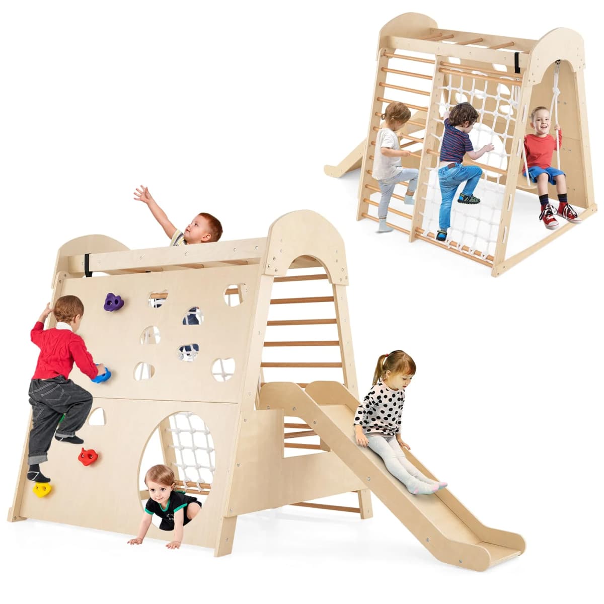 DORTALA 8-in-1 Indoor Jungle Gym Wooden Playground with Climbing Wall-Natural