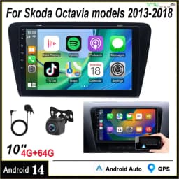 Android 14 car navigation 10-inch fit for Carplay+ Android auto/4+64G+AHD camera Suitable for Skoda Octavia models 13-2018