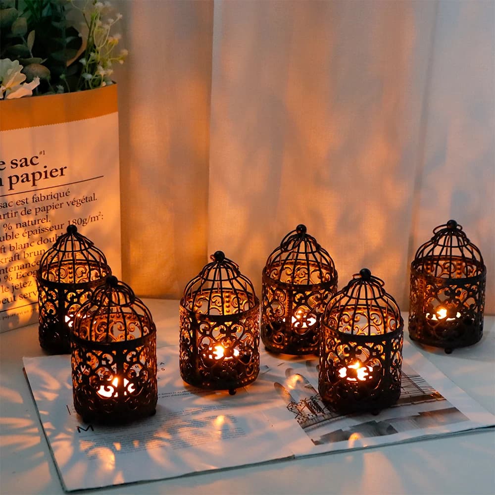 6 Pcs Bird cage Metal Small Candle Holder Candlesticks Hollow Hanging Lantern Creative European Home Party Wedding Decor(Black)